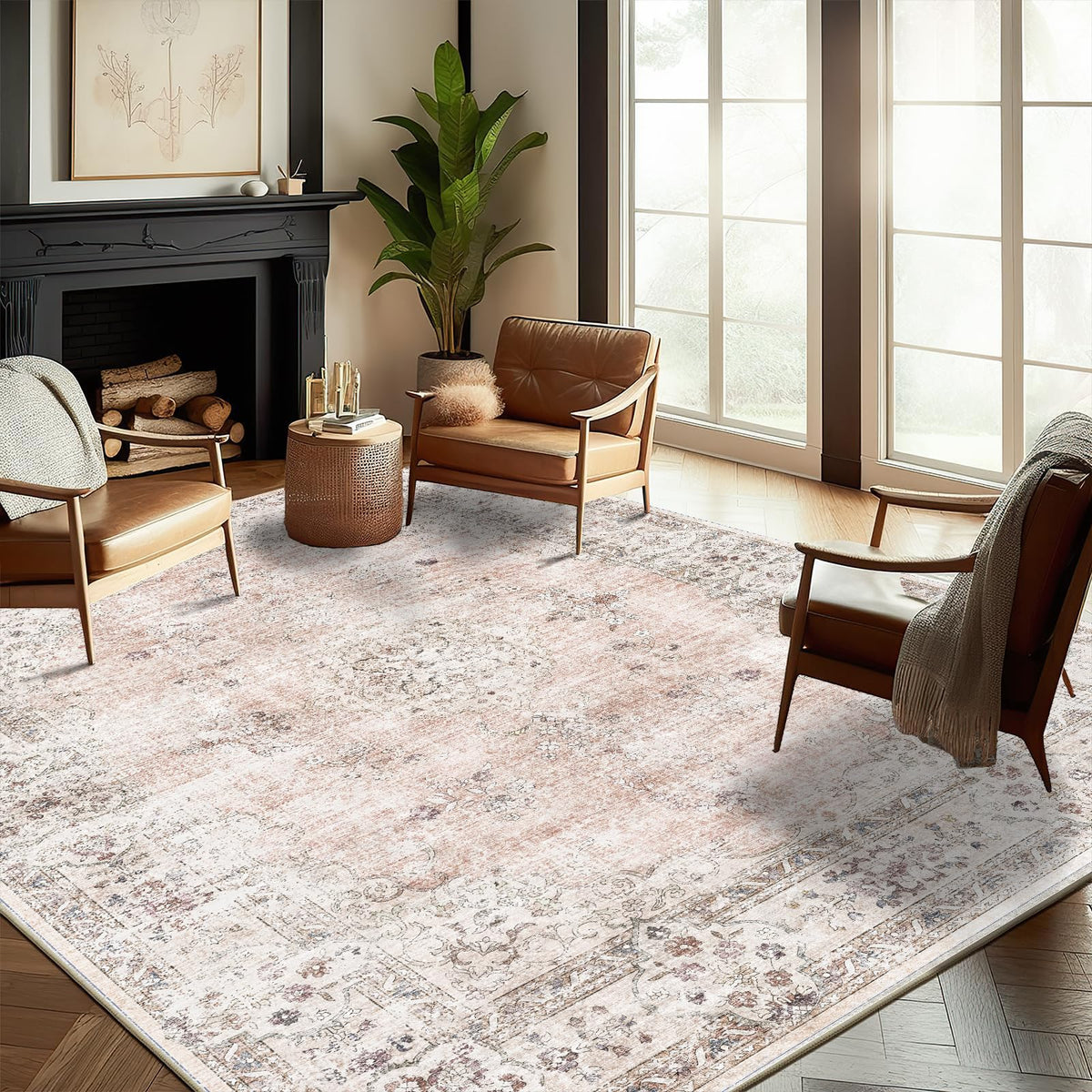 CHAMPLANT 6'x9' Washable Vintage Area Rug Boho Chic Medallion Distressed Design Non-Shedding Easy Care Ideal for High Traffic Areas in Living Room Bedroom Kitchen Office Large Carpet