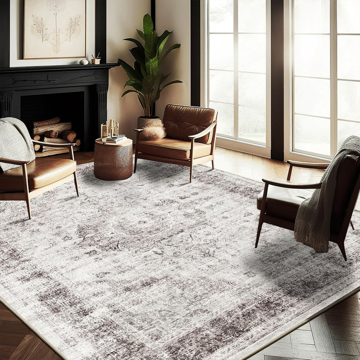 CHAMPLANT 6'x9' Washable Vintage Area Rug Boho Chic Medallion Distressed Design Non-Shedding Easy Care Ideal for High Traffic Areas in Living Room Bedroom Kitchen Office Large Carpet