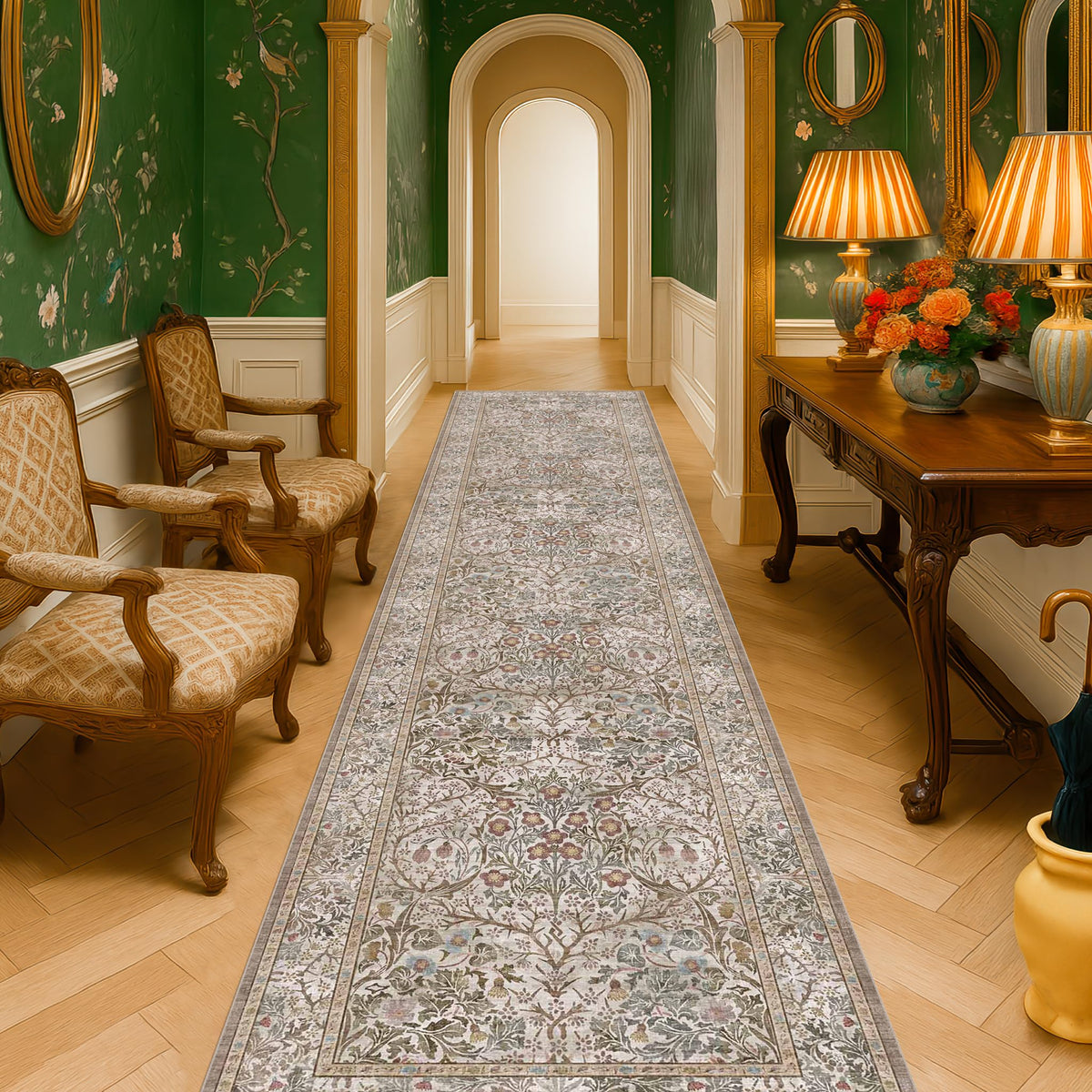 Vintage Floral Dark Green 3x5 Area Rugs for Entryway, Kitchen, Bedroom Beside Rug, Laundry Room, Non-Slip Low Pile Ultra Soft Stain Resistant Small Carpet
