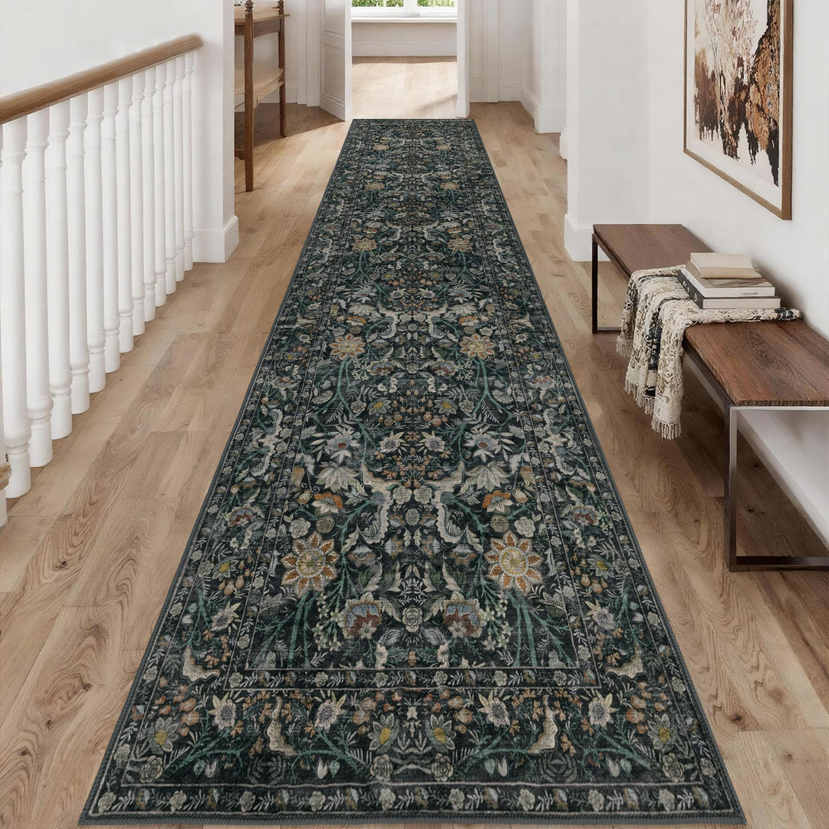 Vintage Botanical Area Rug 8x10: Floral Carpet Non-Slip - Dark Green