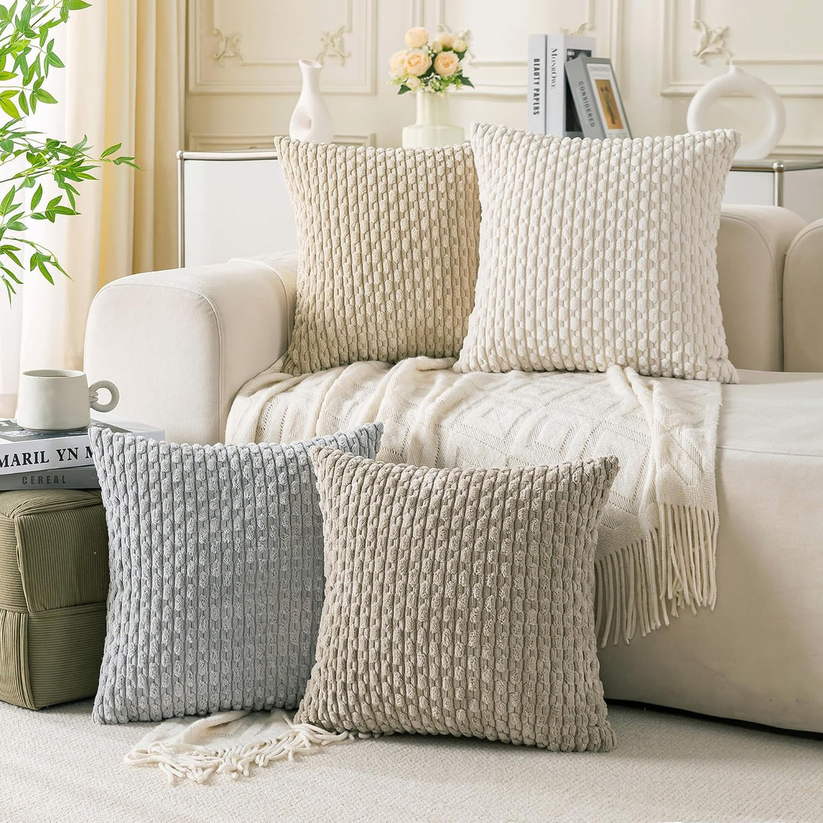 Set of 4 Neutral Decorative Throw Pillow Covers 18x18 Inch Corduroy Pillow Covers for Bed Couch Sofa Living Room Soft Square Cushion Cases
