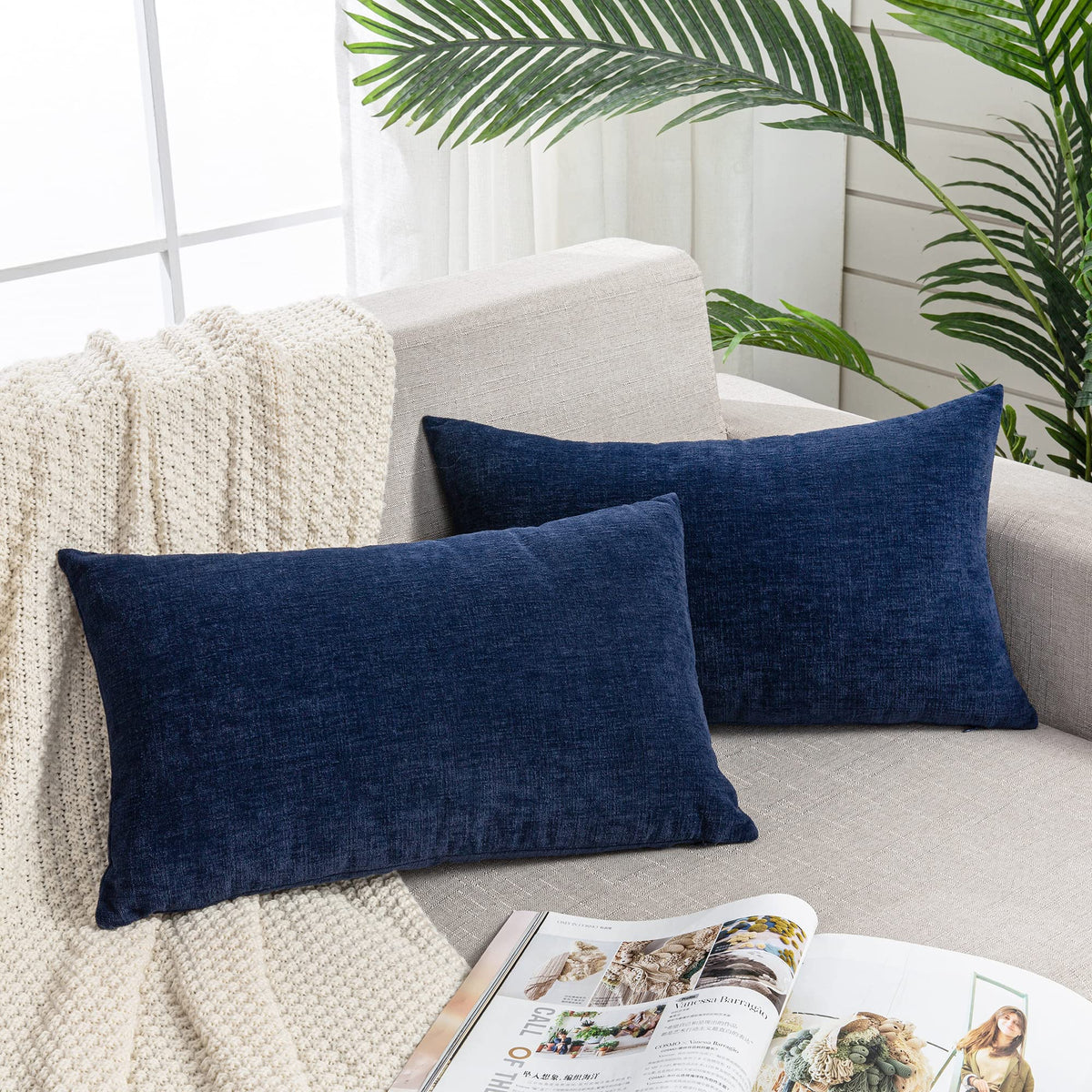 GAWAMAY Decorative Throw Pillow Covers 16x16 Inch Set of 2, Super Soft Chenille Square Pillows Farmhouse Fall Pillowcase for Living Room Bedroom Sofa Couch Cushion Cover Navy Blue 40x40cm