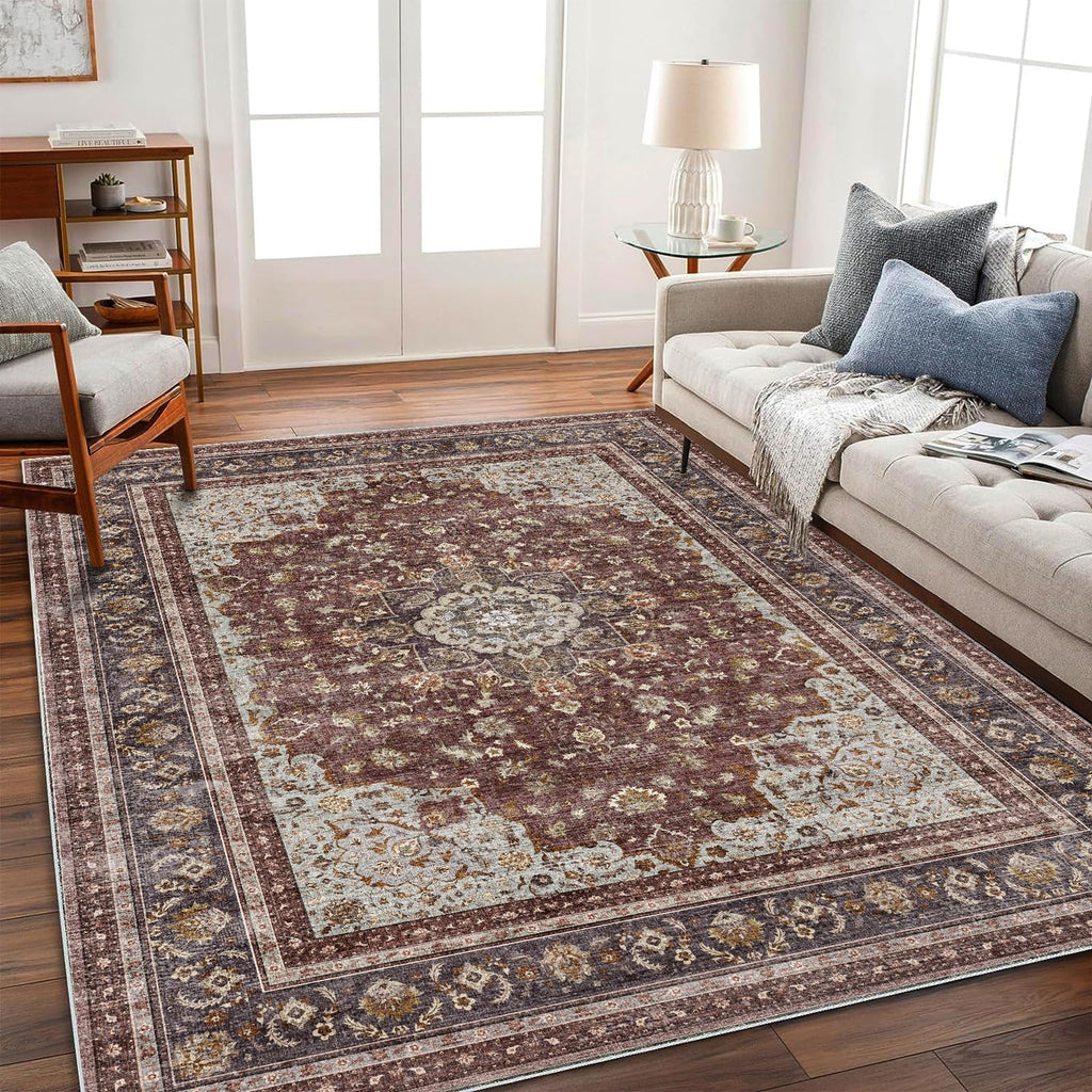 CHAMPLANT 6'x9' Washable Vintage Area Rug Boho Chic Medallion Distressed Design Non-Shedding Easy Care Ideal for High Traffic Areas in Living Room Bedroom Kitchen Office Large Carpet