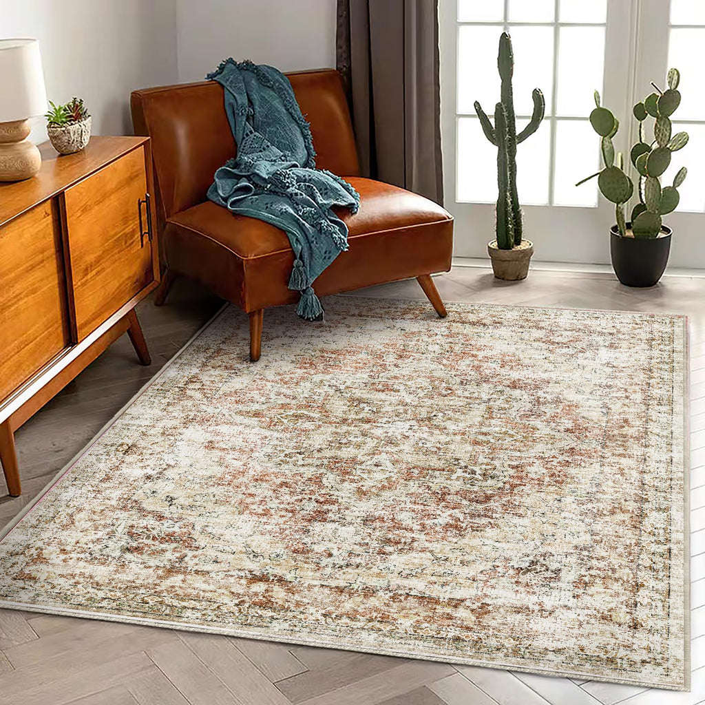 CHAMPLANT 6'x9' Washable Vintage Area Rug Boho Chic Medallion Distressed Design Non-Shedding Easy Care Ideal for High Traffic Areas in Living Room Bedroom Kitchen Office Large Carpet