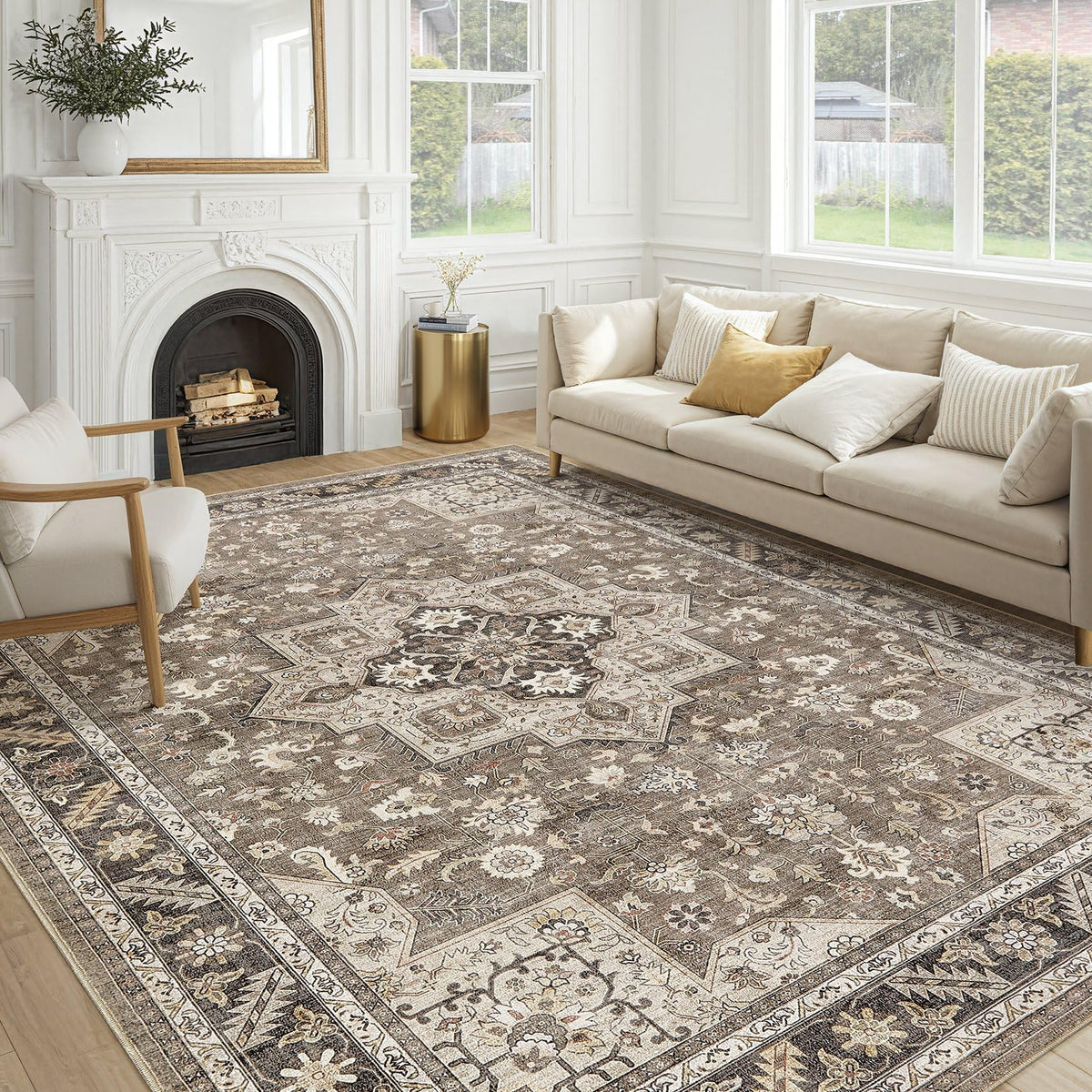 cotiled 5x7 Area Rug for Living Room, Washable, Traditional, Beige