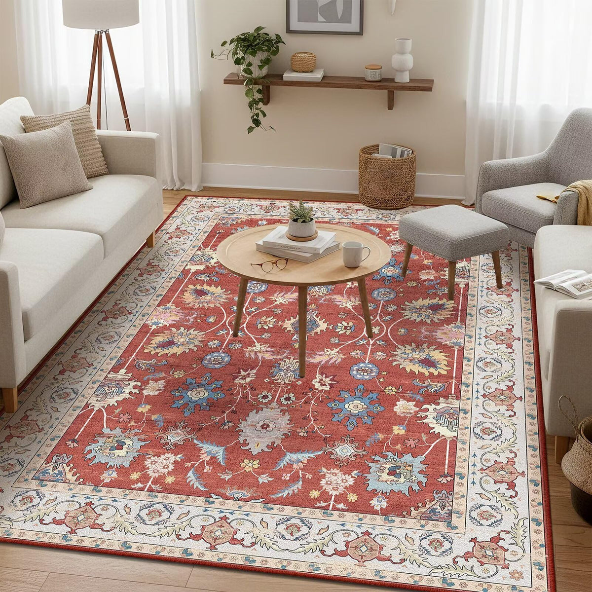Washable 9x12 Area Rug for Living Room, Non-Slip Large Pink Bedroom Rugs