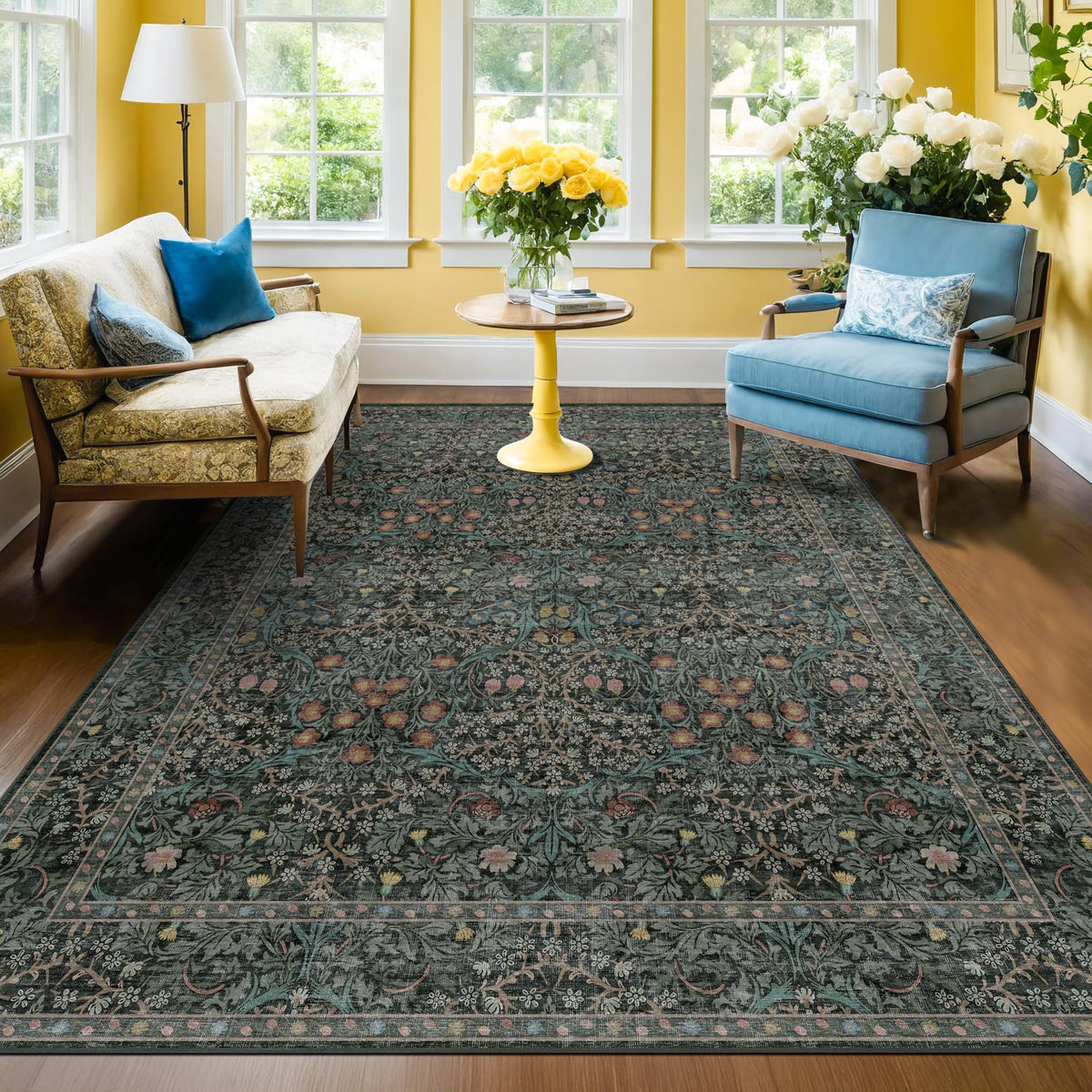 Vintage Floral Dark Green 3x5 Area Rugs for Entryway, Kitchen, Bedroom Beside Rug, Laundry Room, Non-Slip Low Pile Ultra Soft Stain Resistant Small Carpet