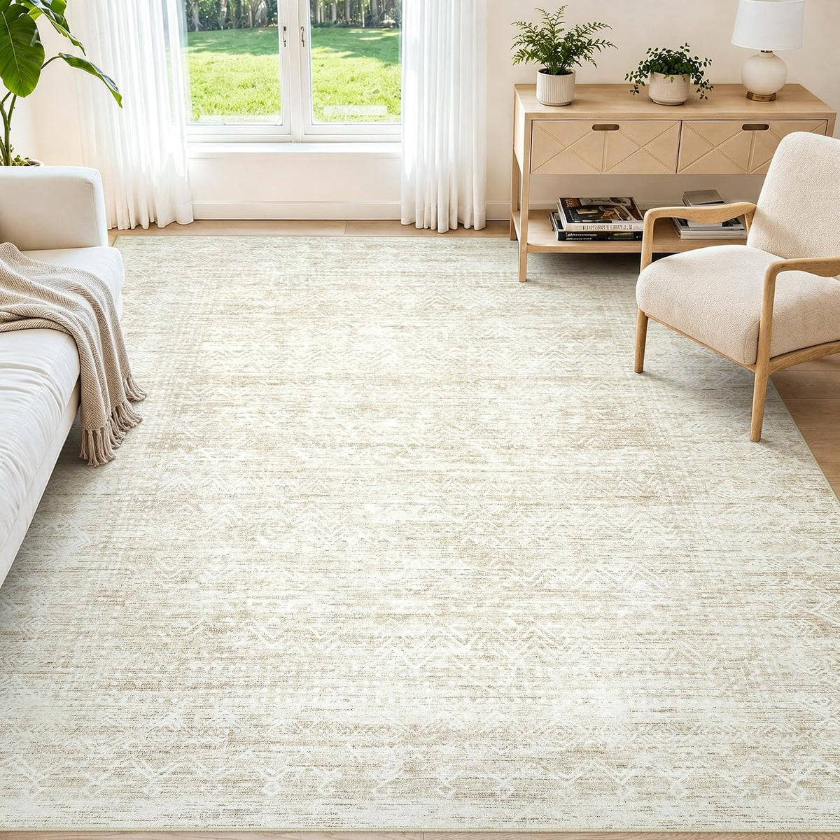 6x9 Area Rugs, Beige Washable Geometric Boho Rug for Living Room, Bedroom
