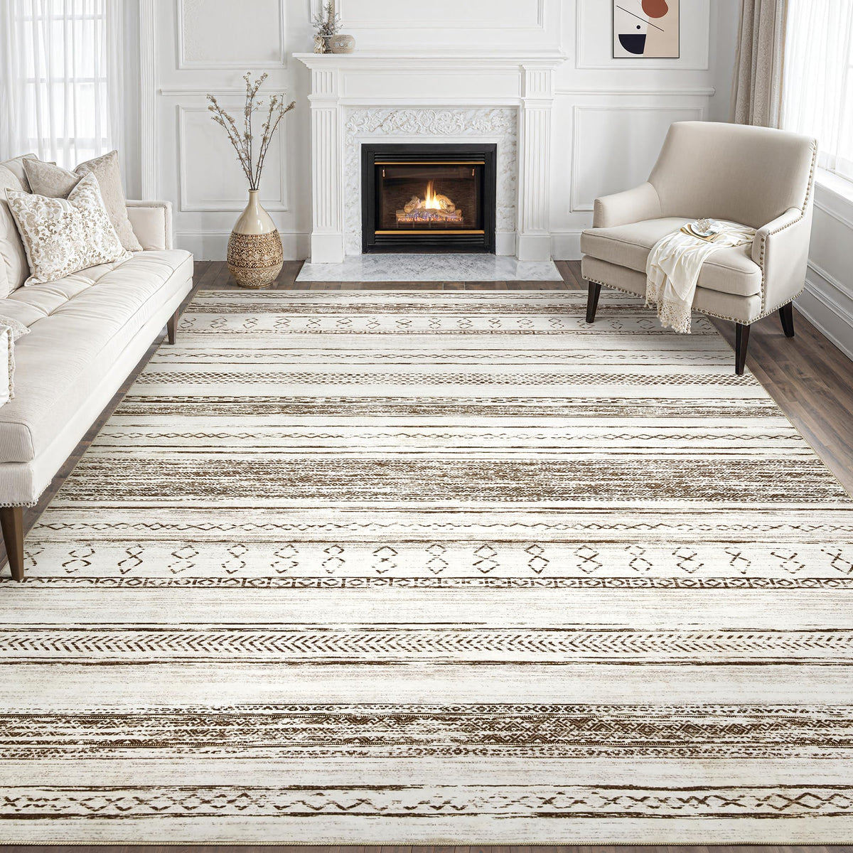 Tortania Area Rug Living Room Rugs - 5x7 Washable Large Soft Neutral Boho Moroccan Bohemian Farmhouse Rug Indoor Floor Carpet for Bedroom Under Dining Table Home Office Decor - Cream Brown