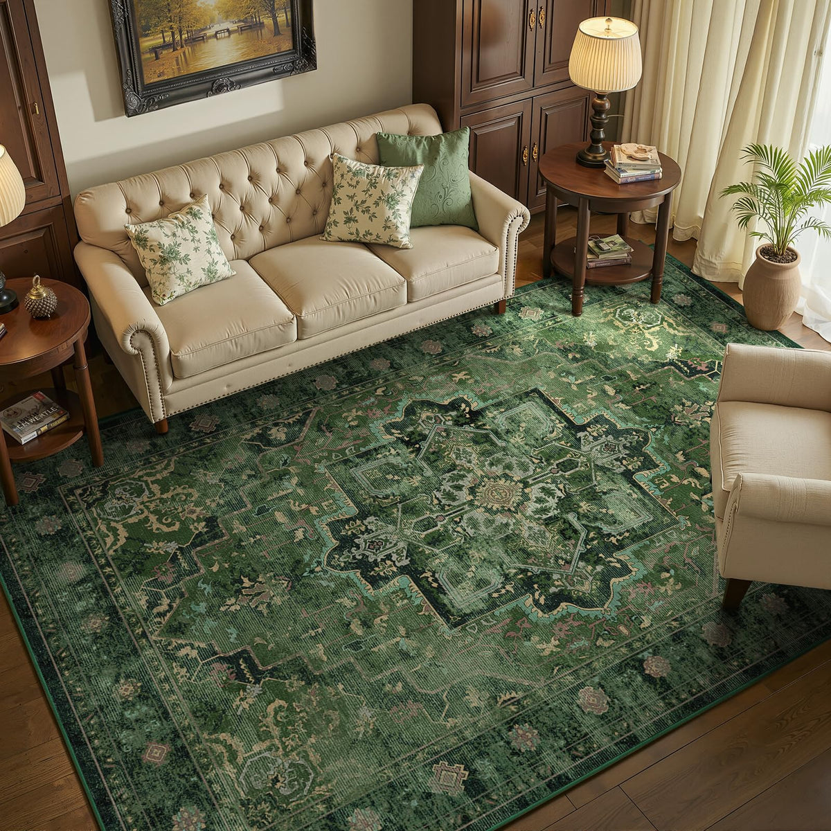 Vintage Dark Green Area Rugs 5x7 for Living Room, Tranditional Distressed Medallion Printed Low Pile Thin Rugs for Bedroom, Non Slip Washable Carpet Rugs for Dining Room/Kitchen/Home Office