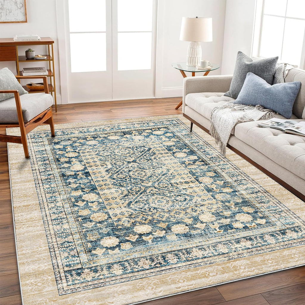 CHAMPLANT 6'x9' Washable Vintage Area Rug Boho Chic Medallion Distressed Design Non-Shedding Easy Care Ideal for High Traffic Areas in Living Room Bedroom Kitchen Office Large Carpet