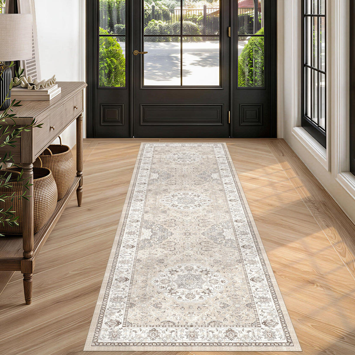 Hallway Washable Runner Rug - 2x10 Kitchen Rugs Entryway Rug Runner Vintage Soft Floor Mat Non Slip Indoor Farmhouse Carpet for Bathroom Living Room Bedroom (2 X 10, Beige)