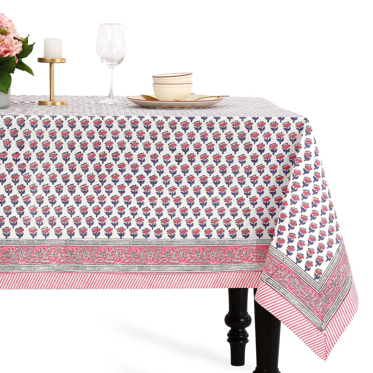 CPC Tablecloth 100% Cotton 70x108 Inch Indian Block Print Rectangle Table Cover, Blue Table Cloth for Weddings, Spring/Summer, Barbeque - Apatite Blue