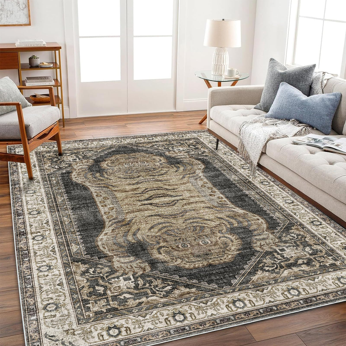 CHAMPLANT 6'x9' Washable Vintage Area Rug Boho Chic Medallion Distressed Design Non-Shedding Easy Care Ideal for High Traffic Areas in Living Room Bedroom Kitchen Office Large Carpet