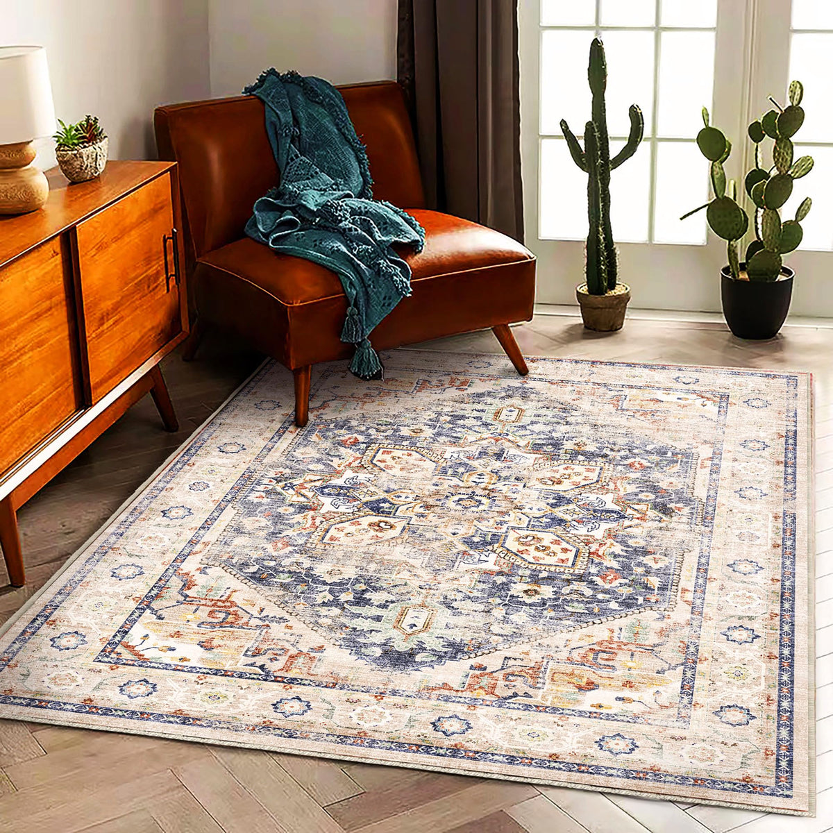 CHAMPLANT 6'x9' Washable Vintage Area Rug Boho Chic Medallion Distressed Design Non-Shedding Easy Care Ideal for High Traffic Areas in Living Room Bedroom Kitchen Office Large Carpet