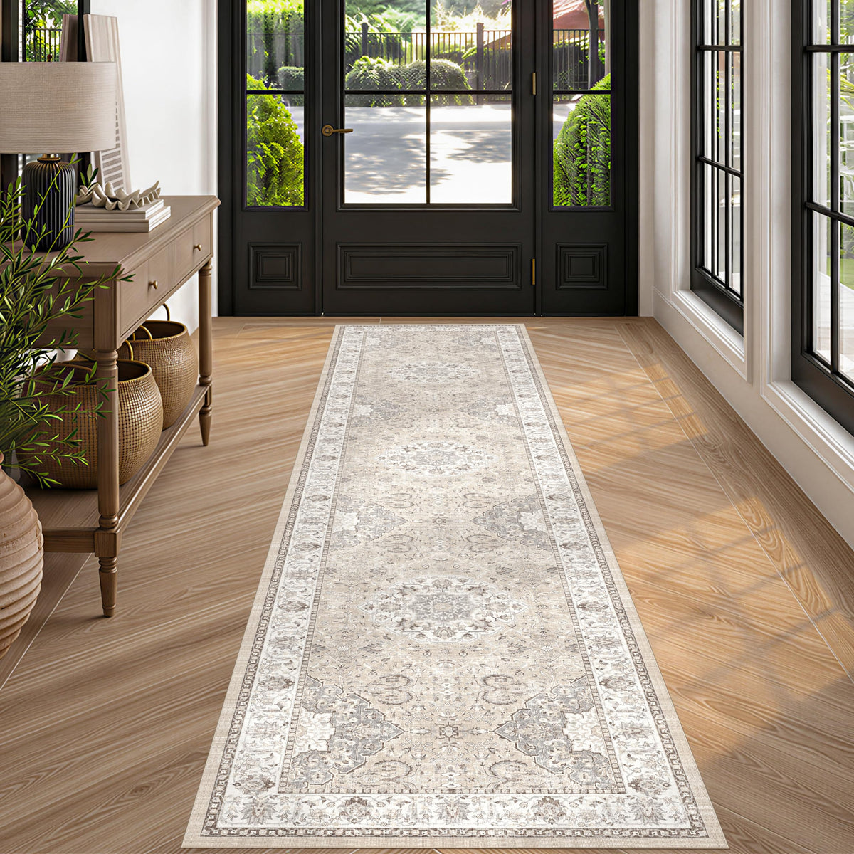 Hallway Washable Runner Rug - 2x10 Kitchen Rugs Entryway Rug Runner Vintage Soft Floor Mat Non Slip Indoor Farmhouse Carpet for Bathroom Living Room Bedroom (2 X 10, Beige)