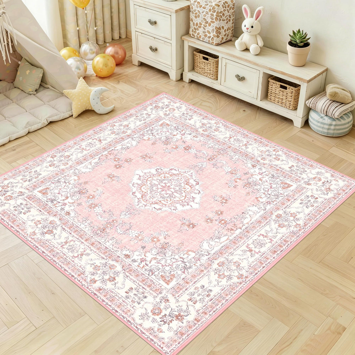 Soft Pink Rug for Girls Room: 5x8 Vintage Washable Carpet Bedroom Nursery