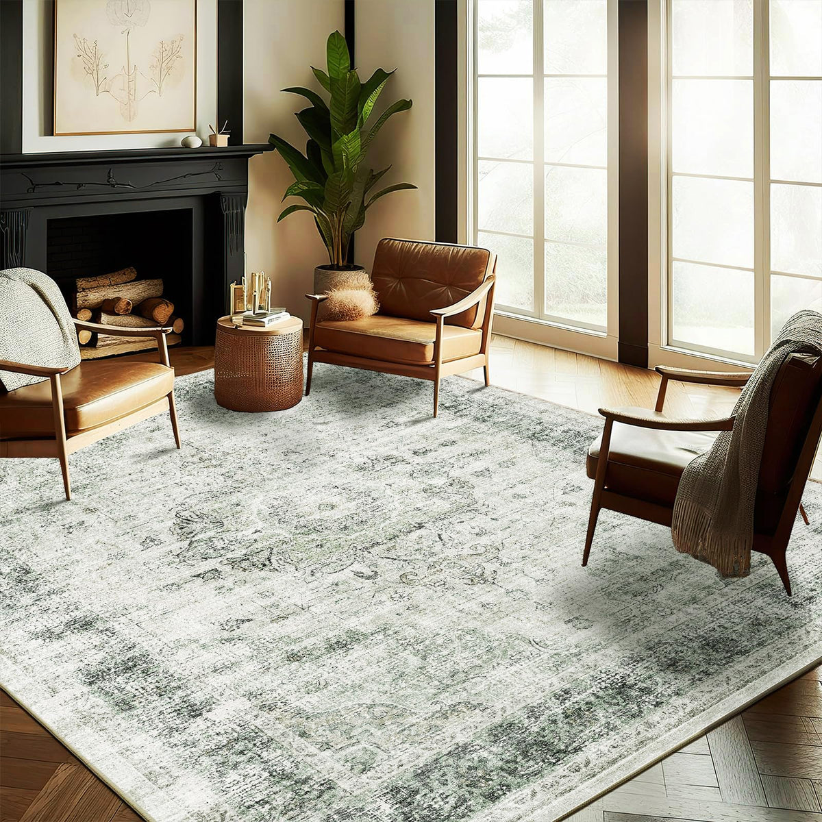 CHAMPLANT 6'x9' Washable Vintage Area Rug Boho Chic Medallion Distressed Design Non-Shedding Easy Care Ideal for High Traffic Areas in Living Room Bedroom Kitchen Office Large Carpet