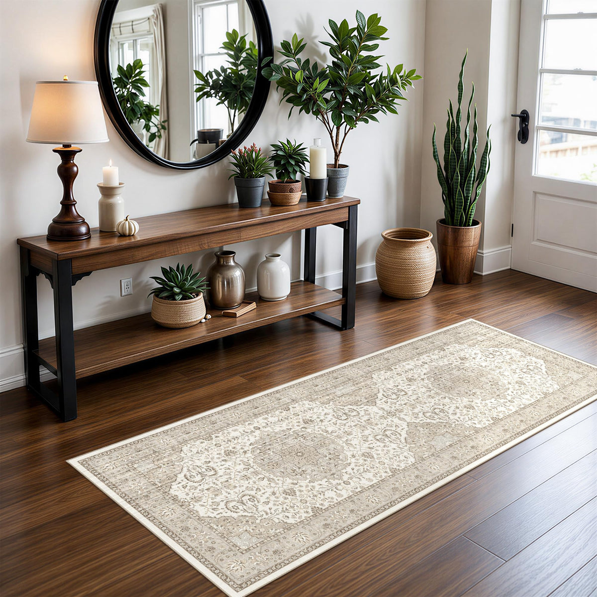 Hallway Washable Runner Rug - 2x10 Kitchen Rugs Entryway Rug Runner Vintage Soft Floor Mat Non Slip Indoor Farmhouse Carpet for Bathroom Living Room Bedroom (2 X 10, Beige)
