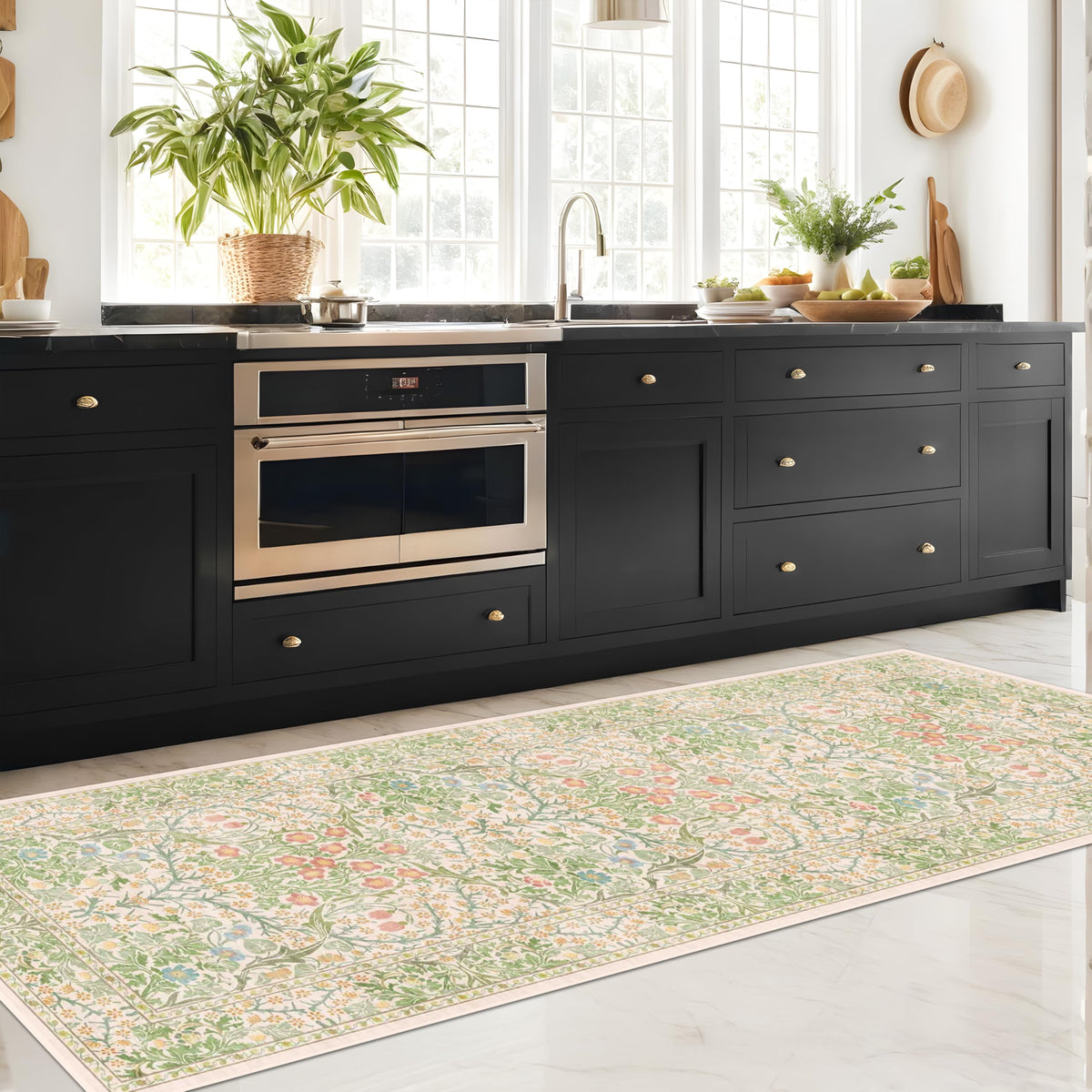 Vintage Floral Dark Green 3x5 Area Rugs for Entryway, Kitchen, Bedroom Beside Rug, Laundry Room, Non-Slip Low Pile Ultra Soft Stain Resistant Small Carpet