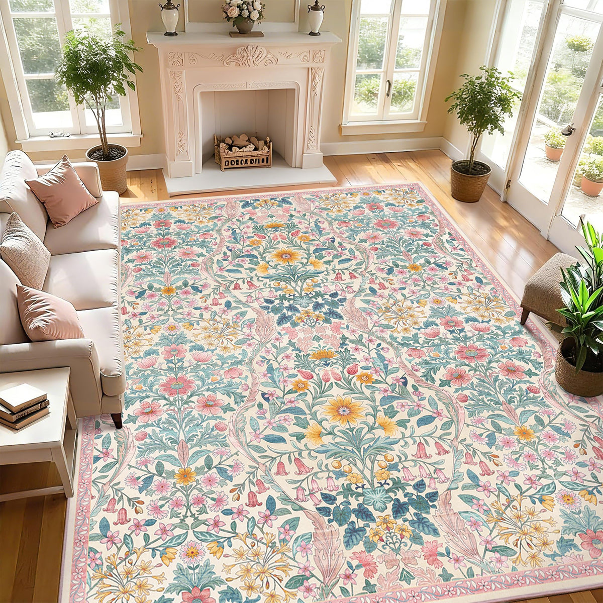 Floral Area Rug 5x7 Botanical Washable Carpet for Living Room