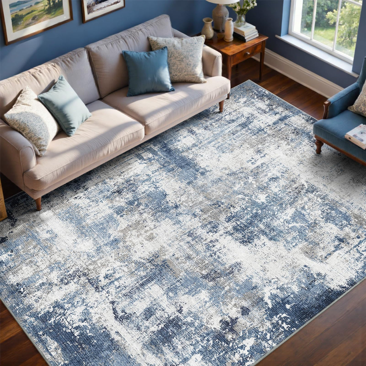 6x9 Ft Large Area Rugs for Living Room, Soft Non-Slip Washable Rugs Modern Abstract Pattern Carpet for Bedroom Indoor Floor Nursery Home Decor (Blue)