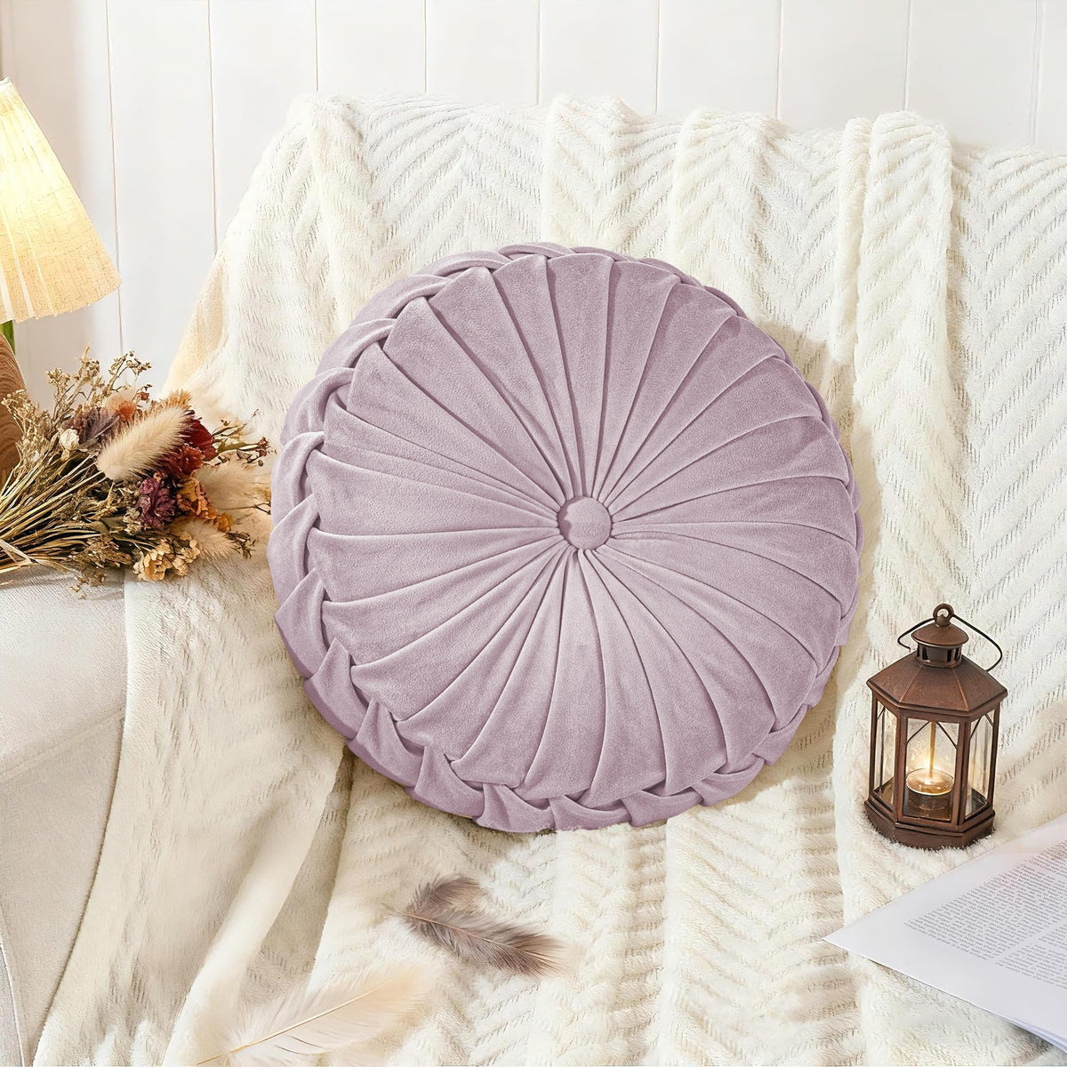 ROSE&RISY Round Pleated Velvet Throw Pillow, 1 Pack Decorative Accent Pumpkin Pillow Cushion for Couch Sofa Bed, Soft Plush Retro Vanity Throw Pillows for Home Decor, 14.5 Inch, Olive Green