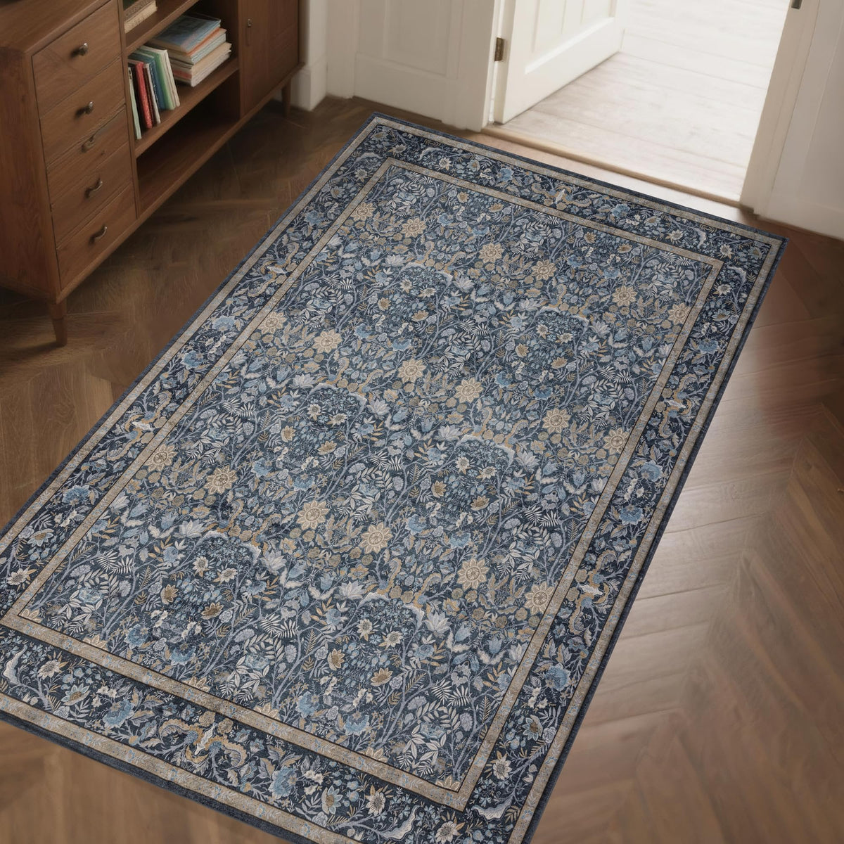 Vintage Botanical Area Rug 8x10: Floral Carpet Non-Slip - Dark Green