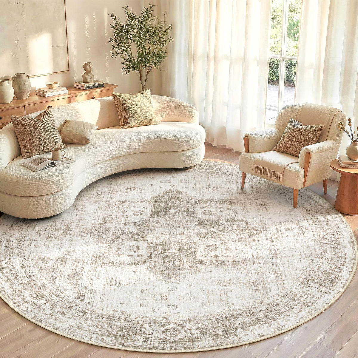 Area Rug 8x10 Washable Rug, Vintage Boho Medallion Rugs Non-Slip Soft Low Pile Large Distressed Rug Indoor Retro Carpet for Living Room Bedroom Dining Room Office Children's Room(Beige, 8'x10')