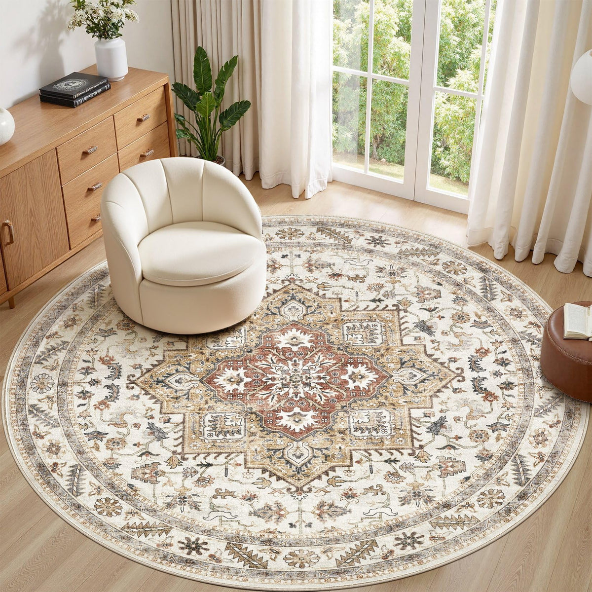 cotiled 5x7 Area Rug for Living Room, Washable, Traditional, Beige