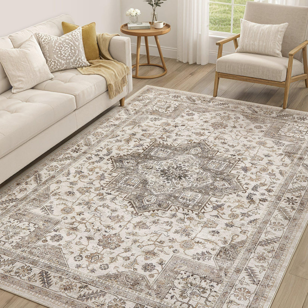 cotiled 5x7 Area Rug for Living Room, Washable, Traditional, Beige
