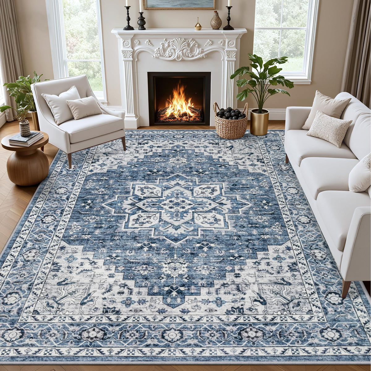 5x7 Area Rugs Living Room: Washable Vintage Rug for Bedroom Beige