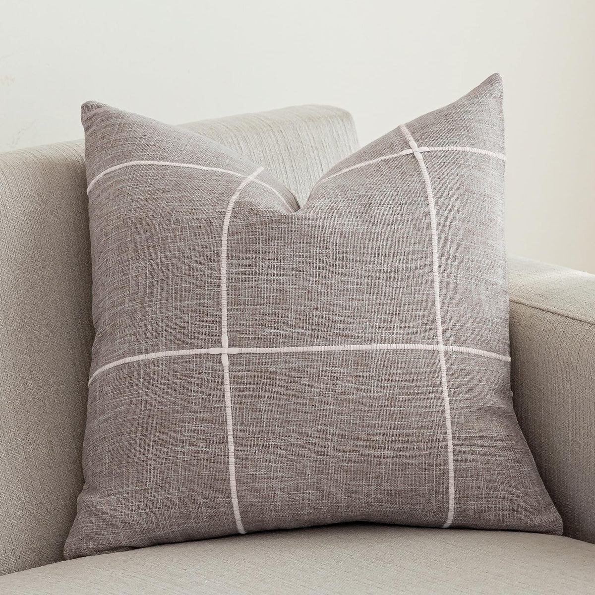 vctops Rustic Lattice Cotton Linen Decorative Throw Pillow Cover Embroidery Square Cushion Cover Pillowcase for Sofa Bedroom Couch (Plaid Coffee,18"x18")