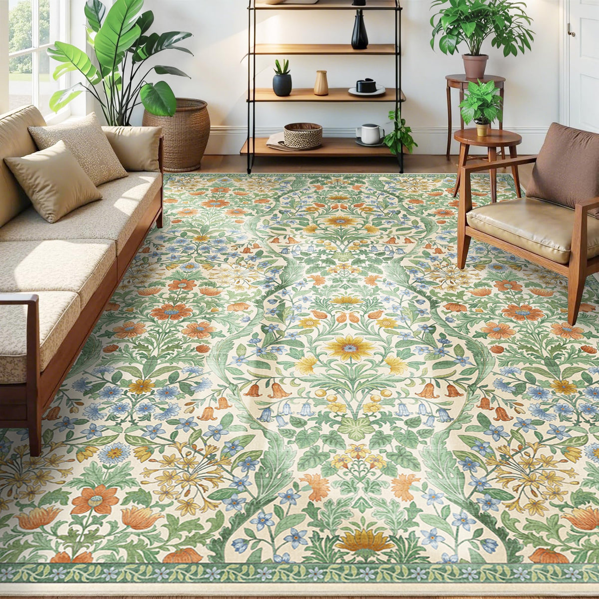 Floral Area Rug 5x7 Botanical Washable Carpet for Living Room
