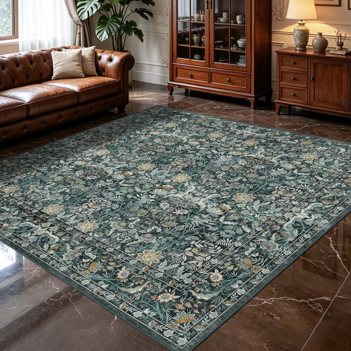 Vintage Botanical Area Rug 8x10: Floral Carpet Non-Slip - Dark Green