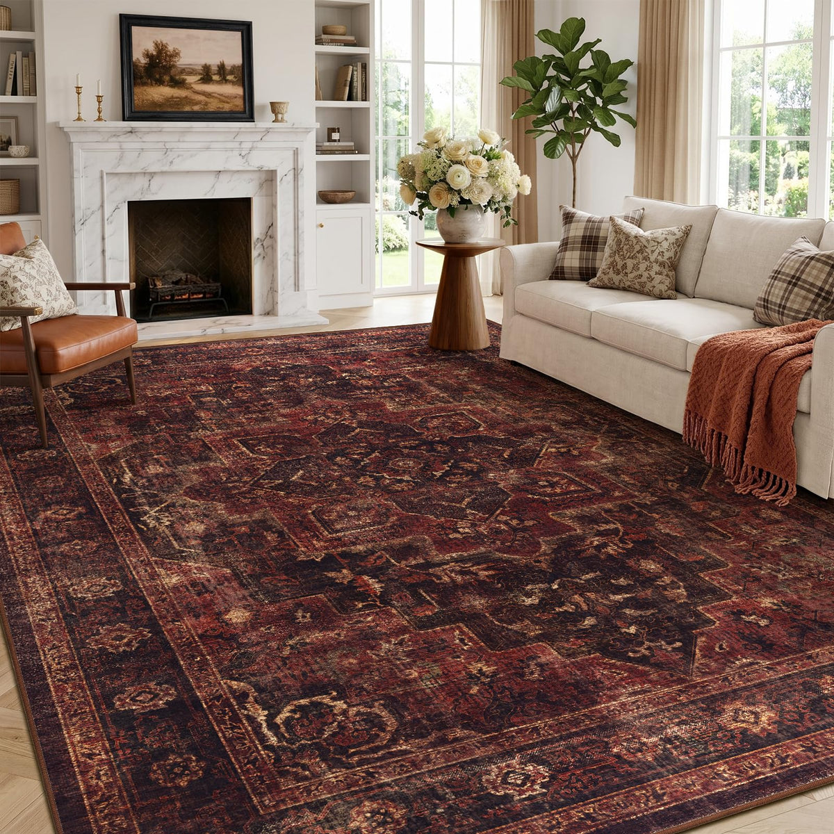Vintage Dark Green Area Rugs 5x7 for Living Room, Tranditional Distressed Medallion Printed Low Pile Thin Rugs for Bedroom, Non Slip Washable Carpet Rugs for Dining Room/Kitchen/Home Office