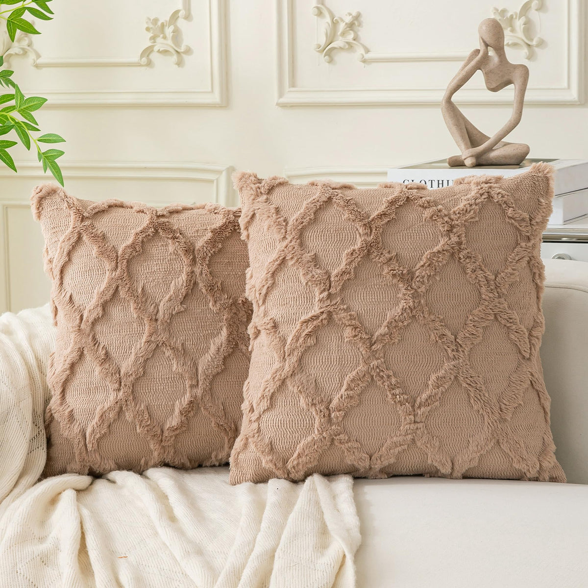 Set of 2 Soft Moroccan Throw Pillow Covers 18x18 Inch Plush Boho Decorative Pillow Cover Accent Cushion Case for Couch Sofa Bed, Beige