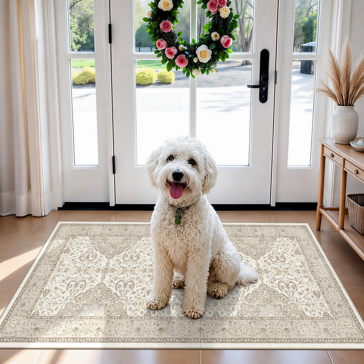 Hallway Washable Runner Rug - 2x10 Kitchen Rugs Entryway Rug Runner Vintage Soft Floor Mat Non Slip Indoor Farmhouse Carpet for Bathroom Living Room Bedroom (2 X 10, Beige)