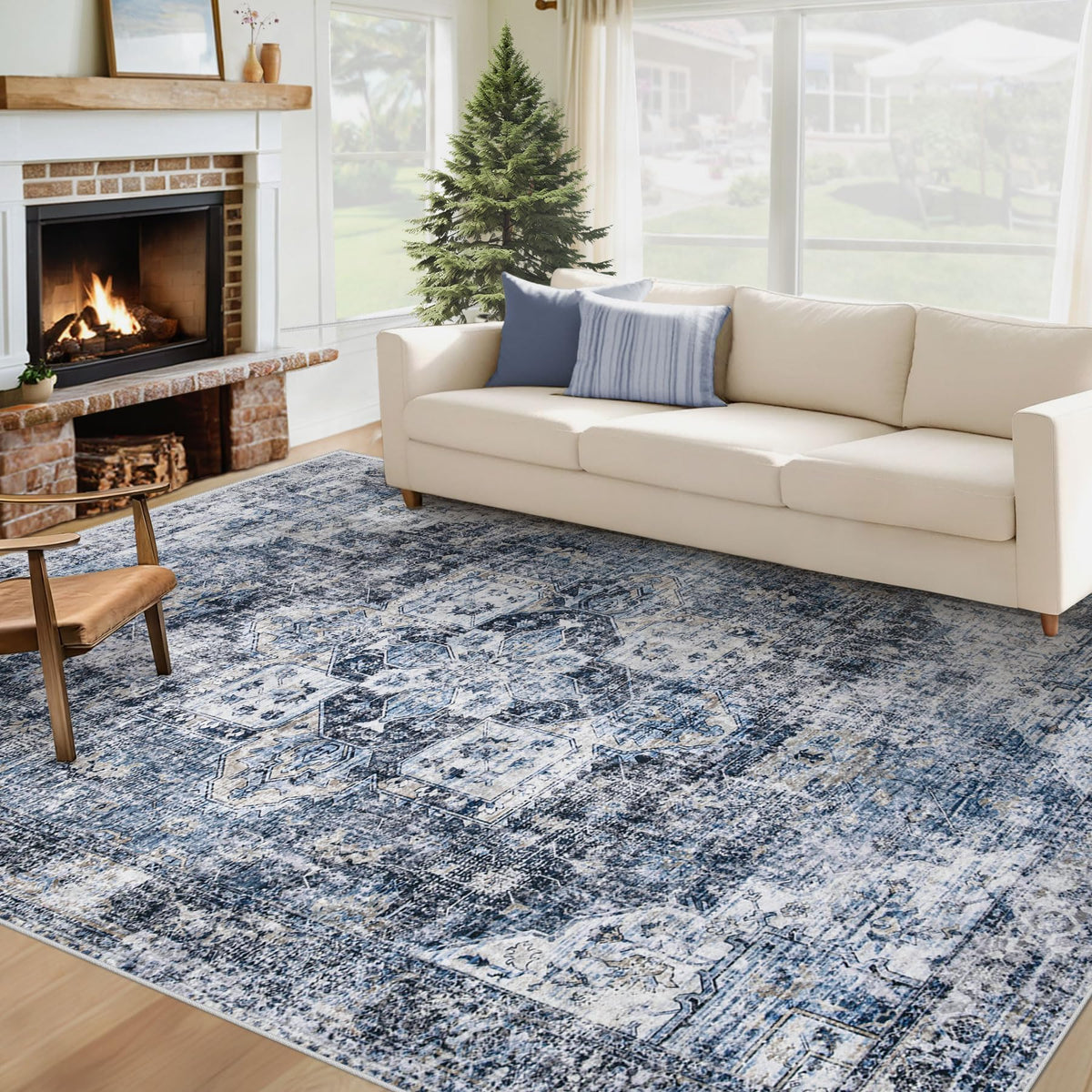 Area Rug 8x10 Washable Rug, Vintage Boho Medallion Rugs Non-Slip Soft Low Pile Large Distressed Rug Indoor Retro Carpet for Living Room Bedroom Dining Room Office Children's Room(Beige, 8'x10')