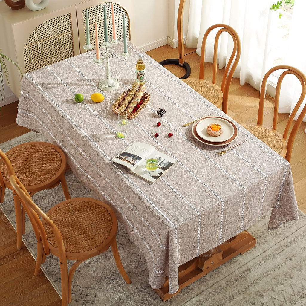 Chassic 60 x 84 inches Farmhouse Style Linen tablecloths, Wrinkle Resistant Washable Dining Room Table Cloths for Rectangle Tables - Hemstitch Light Coffee