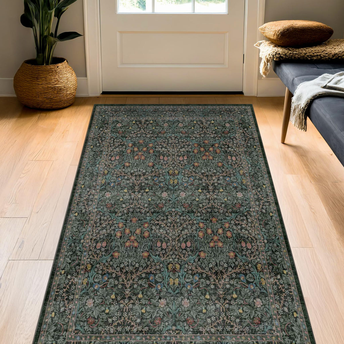 Vintage Floral Dark Green 3x5 Area Rugs for Entryway, Kitchen, Bedroom Beside Rug, Laundry Room, Non-Slip Low Pile Ultra Soft Stain Resistant Small Carpet
