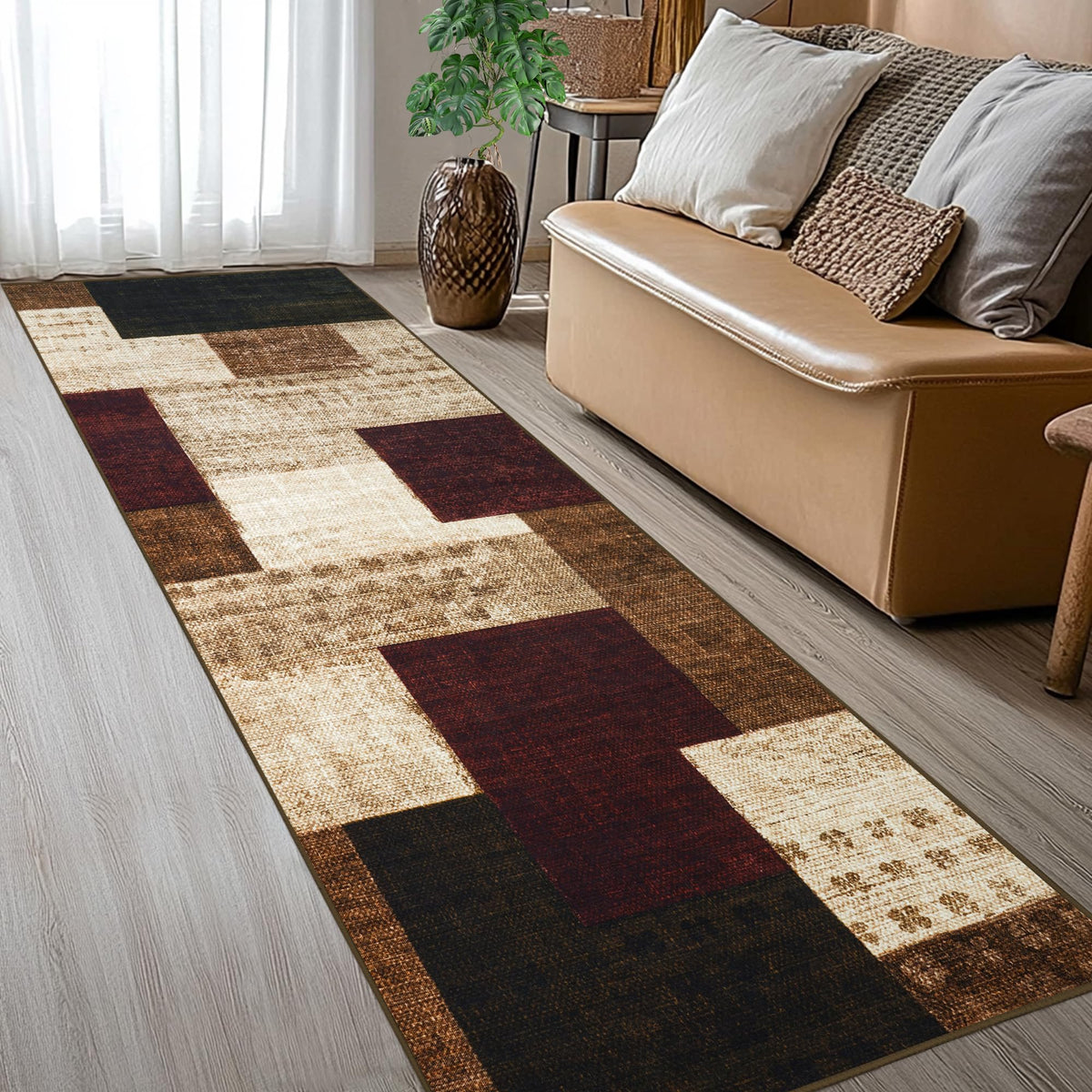 Modern Geometric Patchwork Indoor Area Rug for Living Room, Chocolate 5'x 7' Large Rug Rockwood Collection Hardwood Floors Decor for Bedroom, Brown Throw Carpet for Office Entryway Dining Room