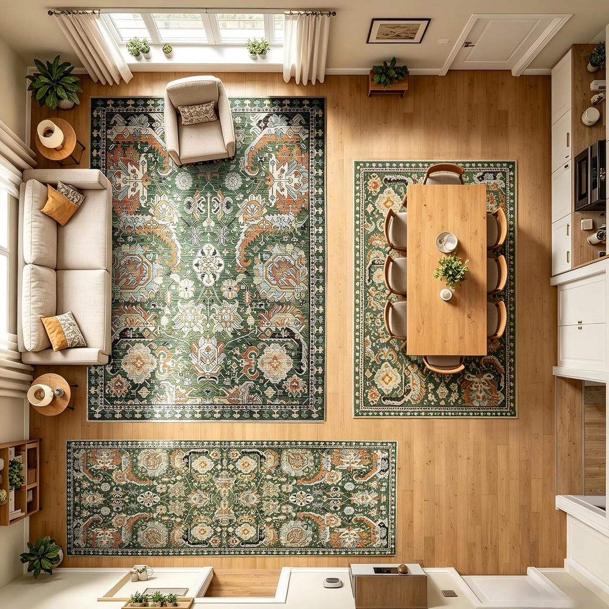 RUGSURE Washable Area Rugs - Perfect for Living Room, Bedroom, Kids Room, Nursery - Stain & Water Resistant Non-Slip, Pet & Child Friendly, Vintage Tribal Area Rugs (Green, 5' x 7')