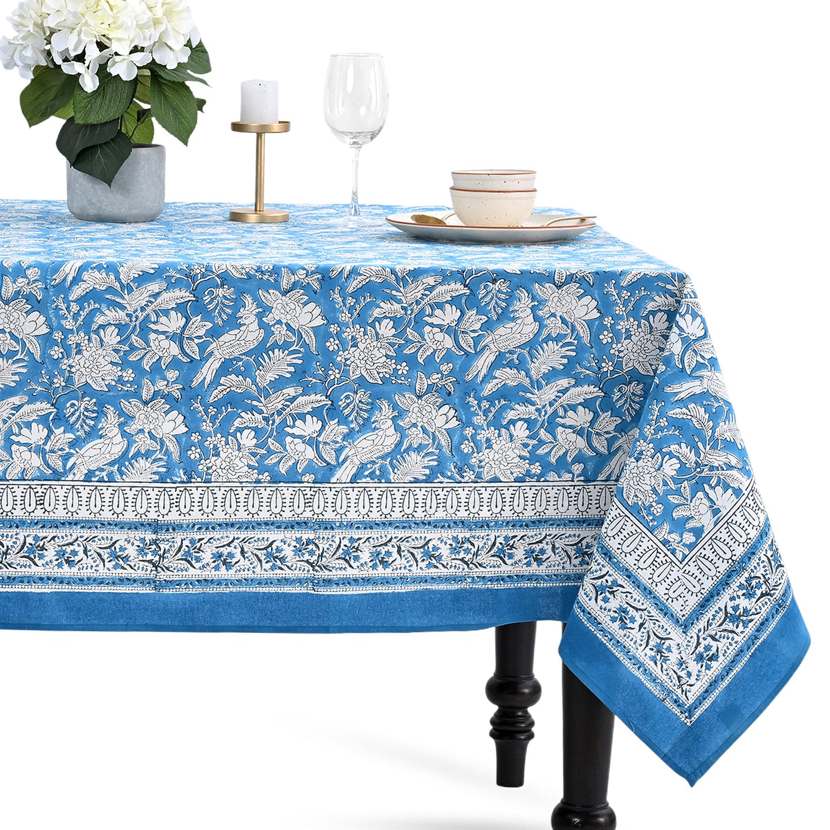CPC Tablecloth 100% Cotton 70x108 Inch Indian Block Print Rectangle Table Cover, Blue Table Cloth for Weddings, Spring/Summer, Barbeque - Apatite Blue