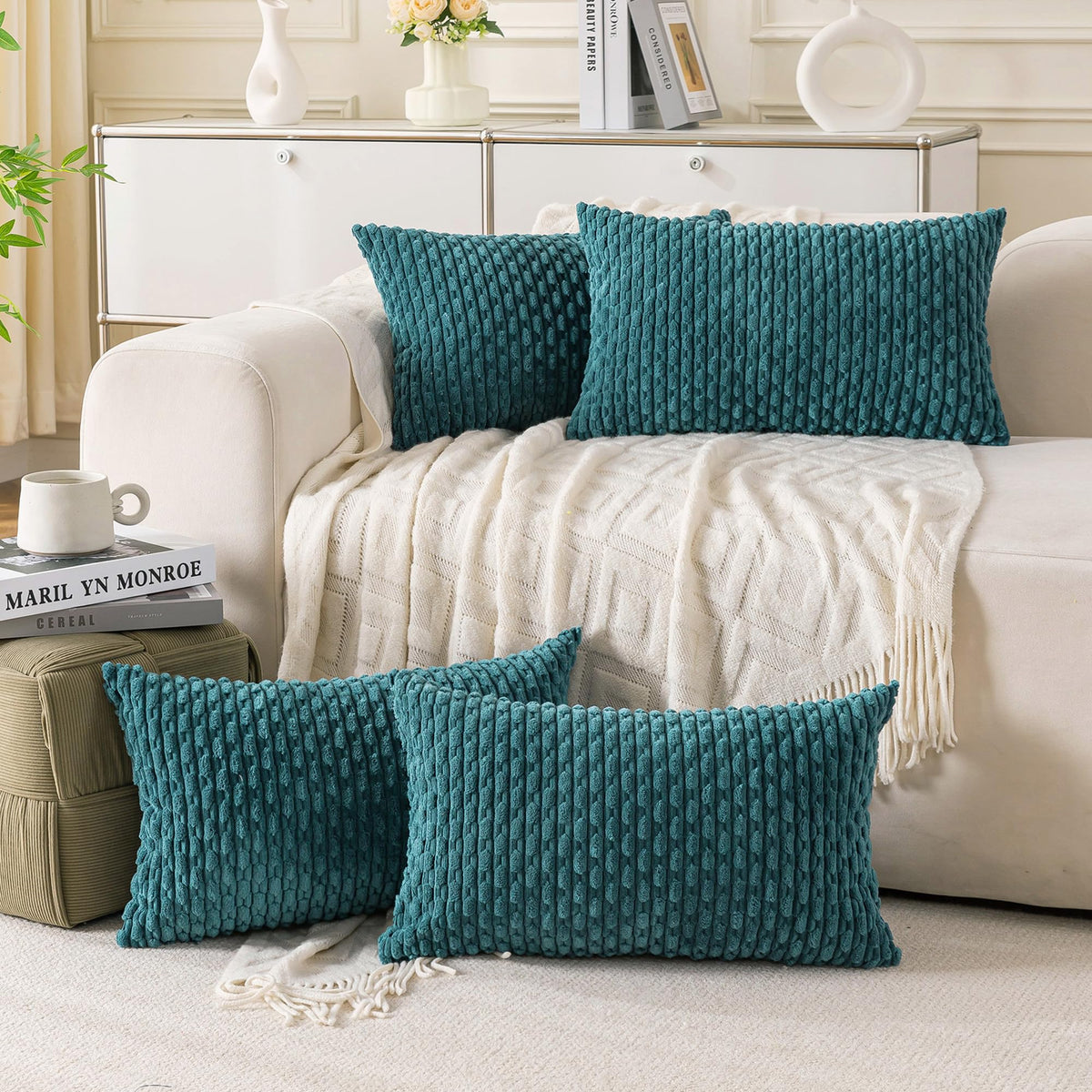 Set of 4 Neutral Decorative Throw Pillow Covers 18x18 Inch Corduroy Pillow Covers for Bed Couch Sofa Living Room Soft Square Cushion Cases
