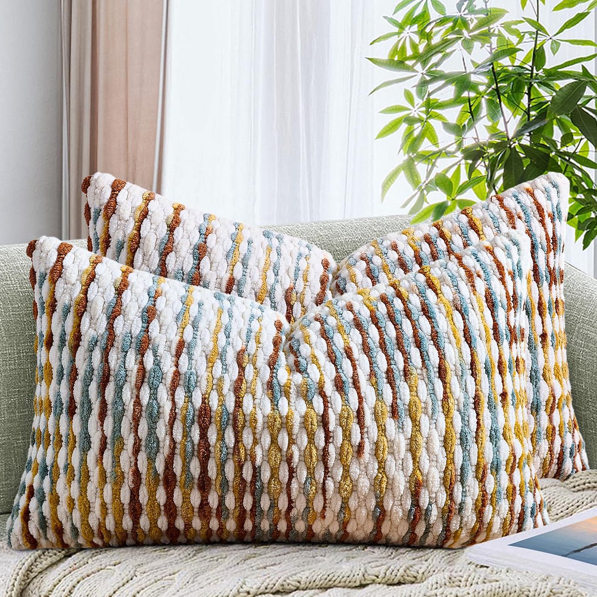 AmHoo Set of 2 Boho Chenille Pillow Cover Decorative Tufted Pillowcase for Couch Bed Sofa Bedroom Living Room Modern 18 x 18-Inch Brown