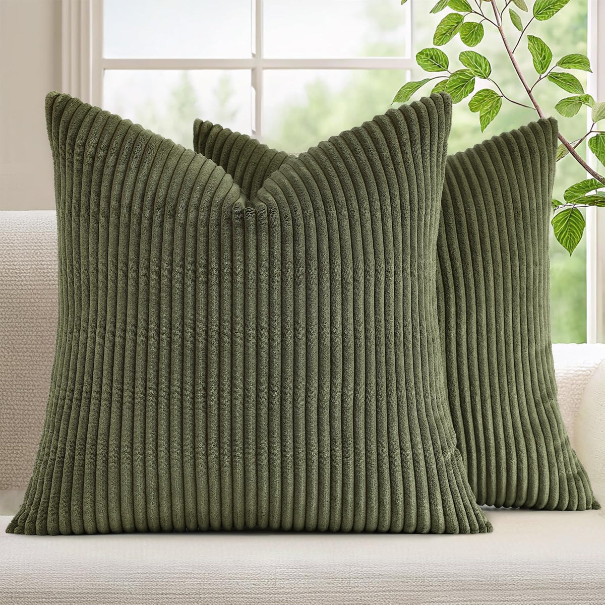 Mecatny Corduroy Fall Throw Pillow Covers 18x18 Set of 2 Olive Green