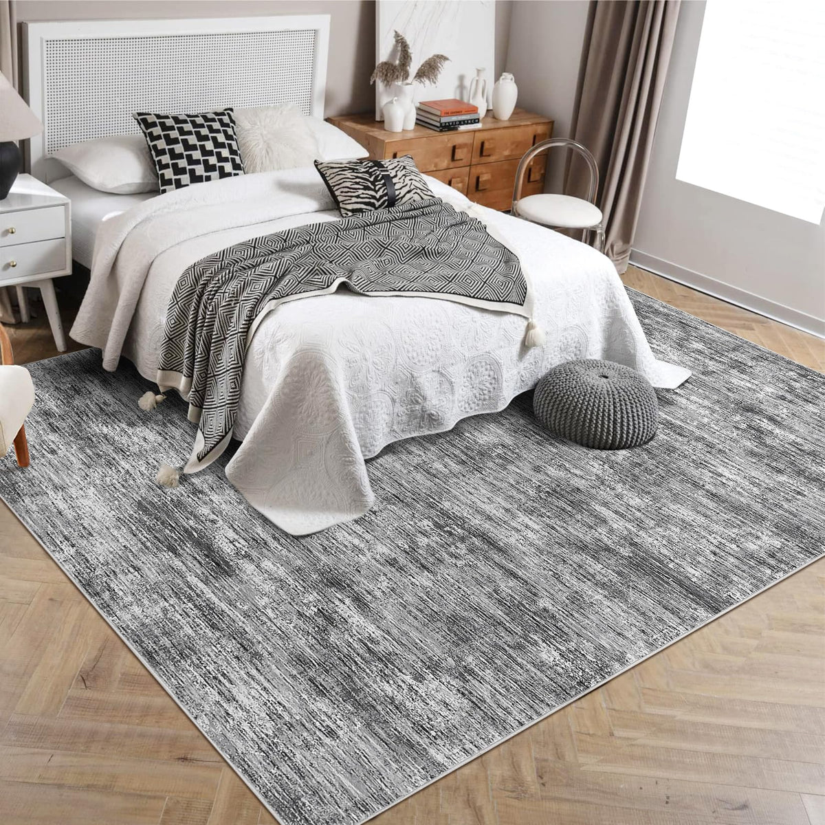 RUGSREAL Bedroom Area Rug 4x6 Modern Abstract Area Rug Stain Resistant Small Living Room Rug Contemporary Dining Room Rug Non-Slip Solid Rug Aesthetic Accent Floor Carpet for Kitchen Office, Dark Grey