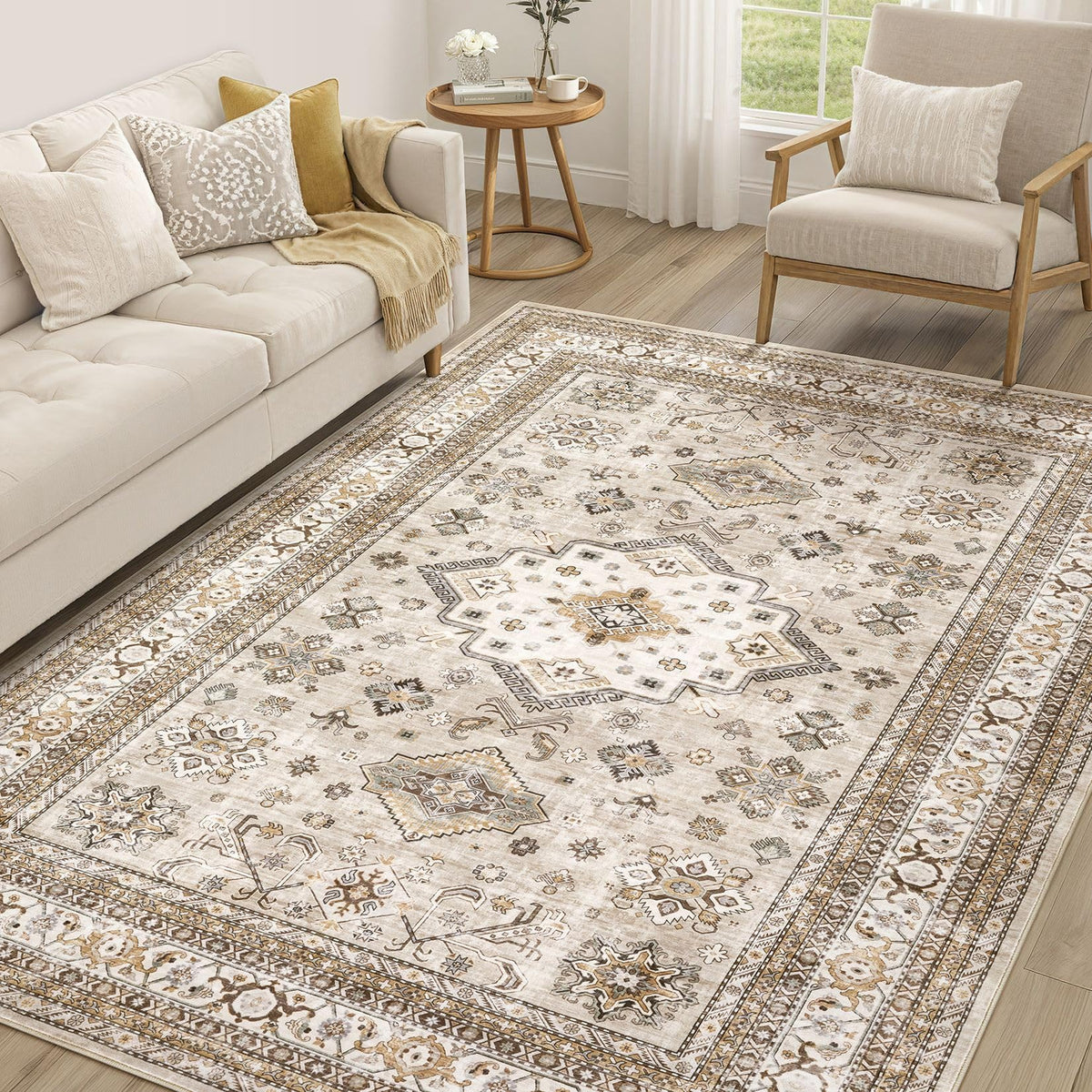 cotiled 5x7 Area Rug for Living Room, Washable, Traditional, Beige