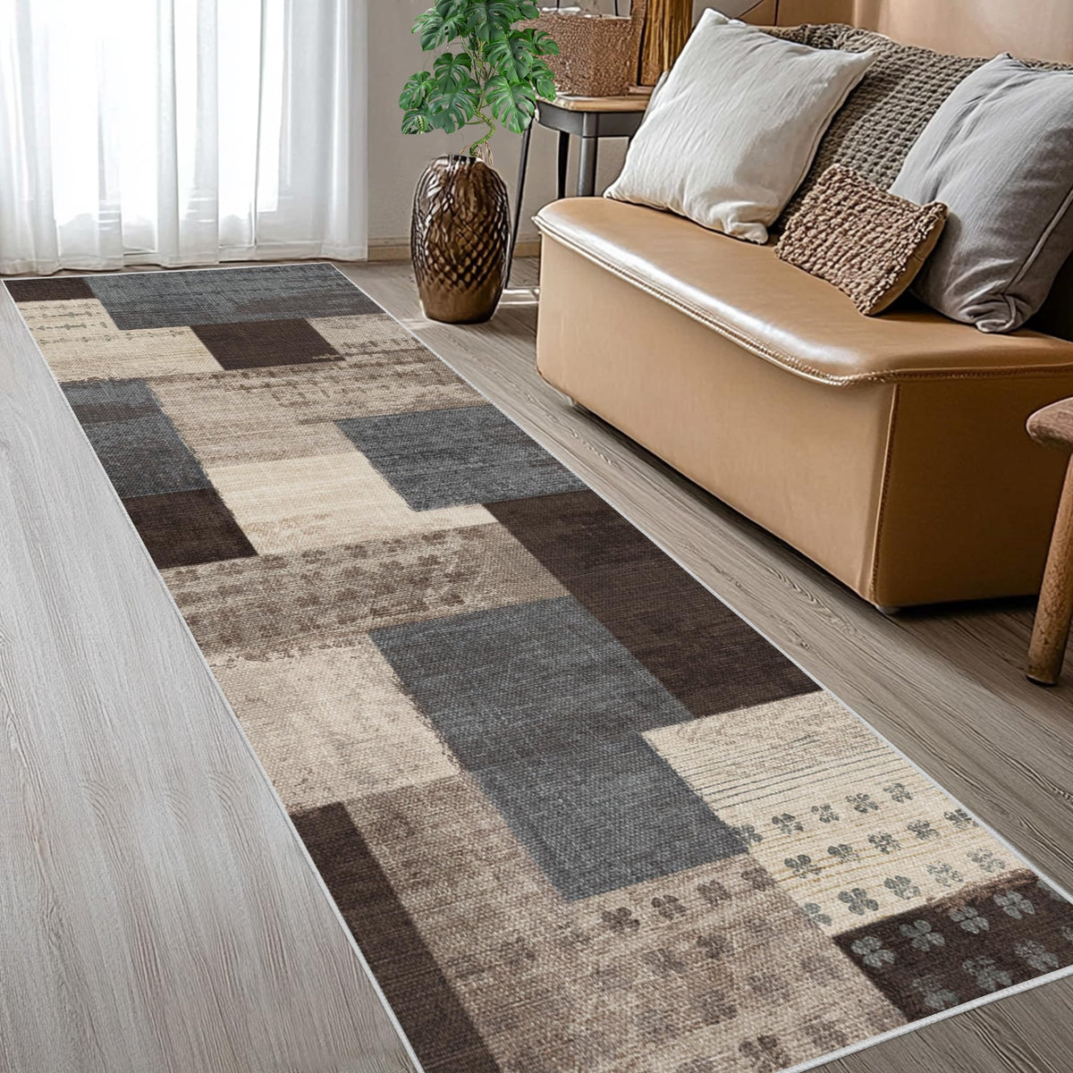 Modern Geometric Patchwork Indoor Area Rug for Living Room, Chocolate 5'x 7' Large Rug Rockwood Collection Hardwood Floors Decor for Bedroom, Brown Throw Carpet for Office Entryway Dining Room